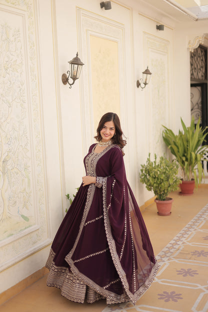 Faux Blooming Sequins Embroidered Gown With Dupatta Set