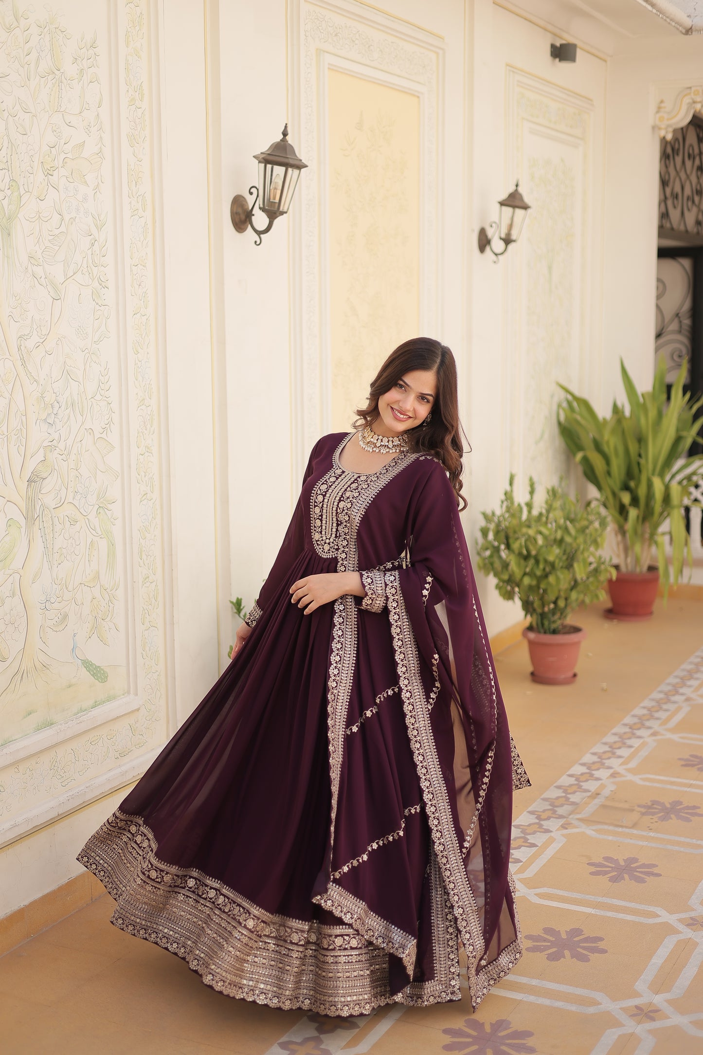 Faux Blooming Sequins Embroidered Gown With Dupatta Set
