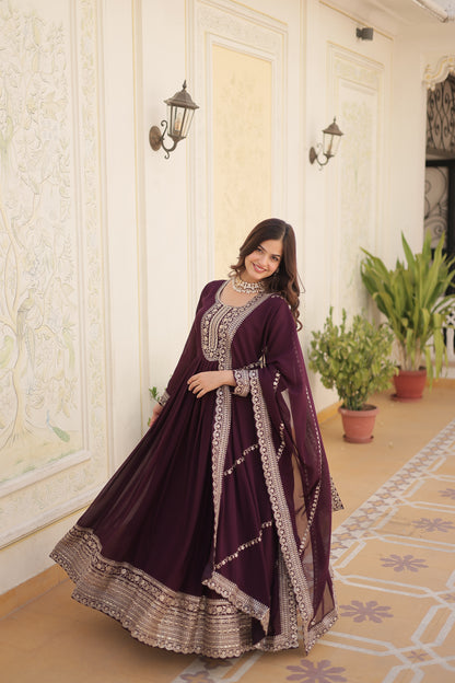 Faux Blooming Sequins Embroidered Gown With Dupatta Set