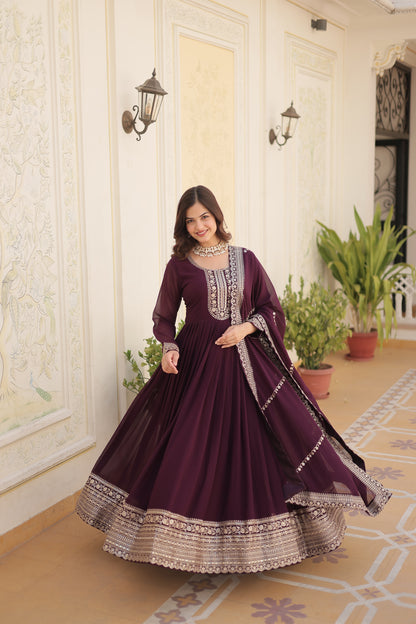 Faux Blooming Sequins Embroidered Gown With Dupatta Set