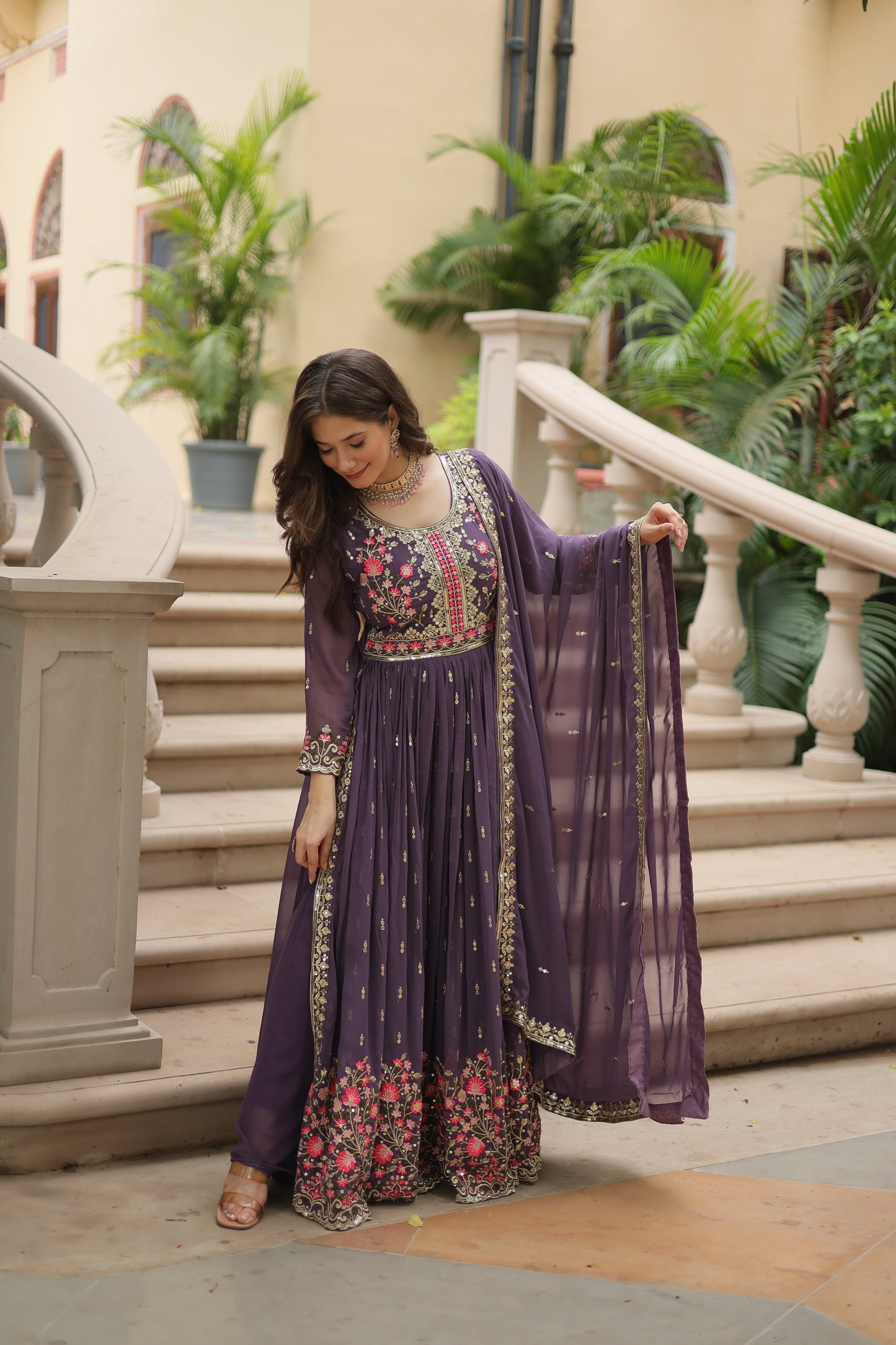 Faux Georgette Sequin Embroidered Sharara Suit Set