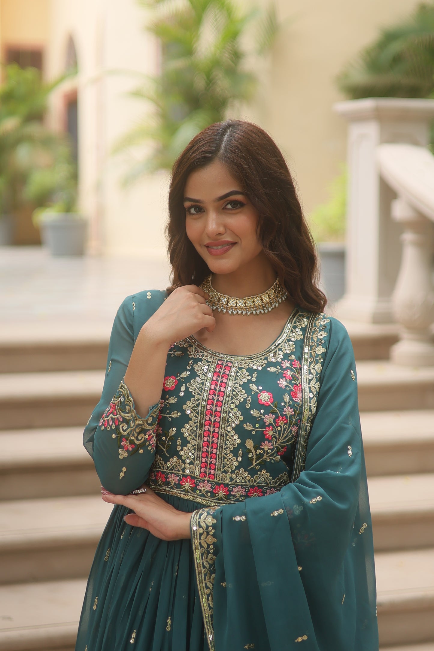 Faux Georgette Sequin Embroidered Sharara Suit Set