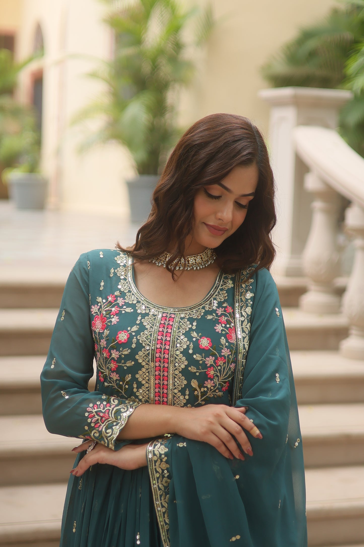 Faux Georgette Sequin Embroidered Sharara Suit Set