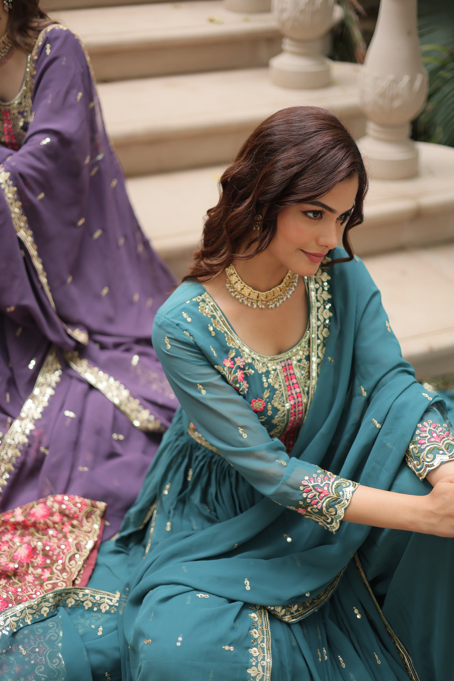 Faux Georgette Sequin Embroidered Sharara Suit Set