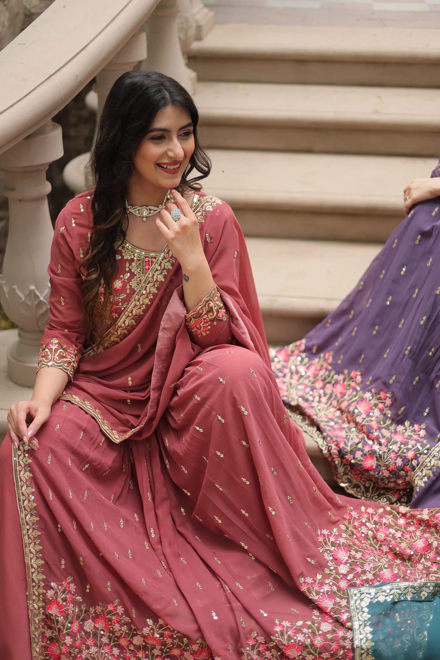 Faux Georgette Sequin Embroidered Sharara Suit Set