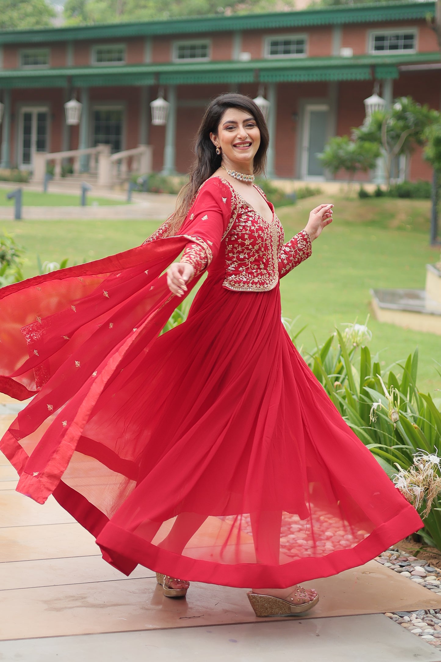 Faux Blooming Georgette Embroidered Gown with Dupatta