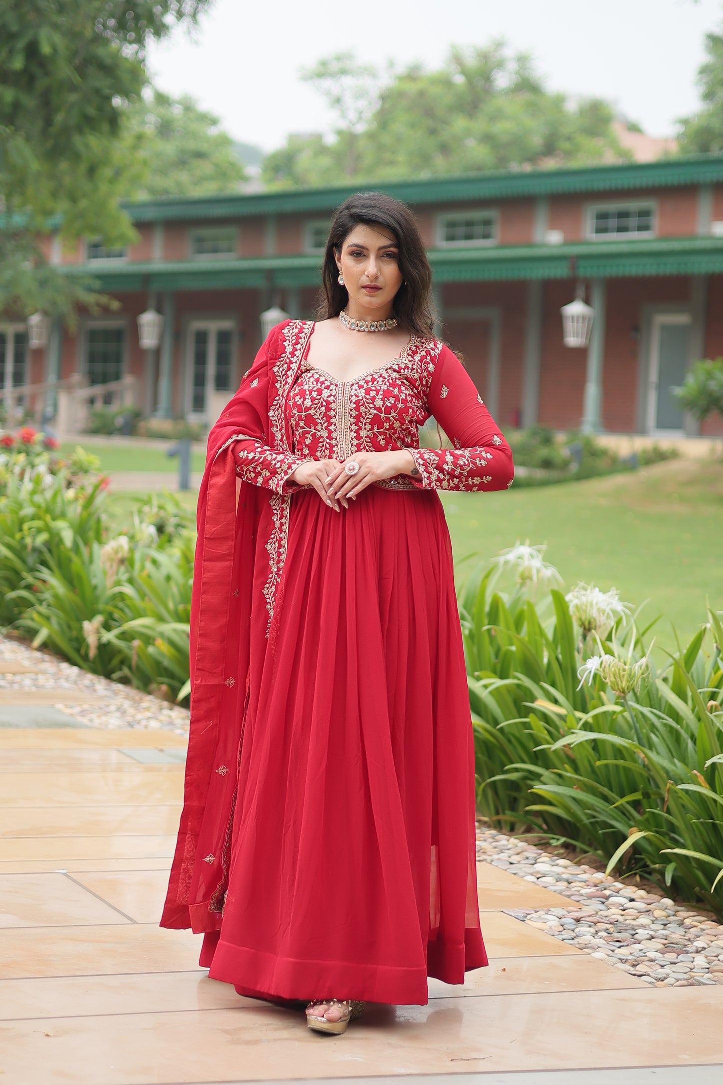 Faux Blooming Georgette Embroidered Gown with Dupatta
