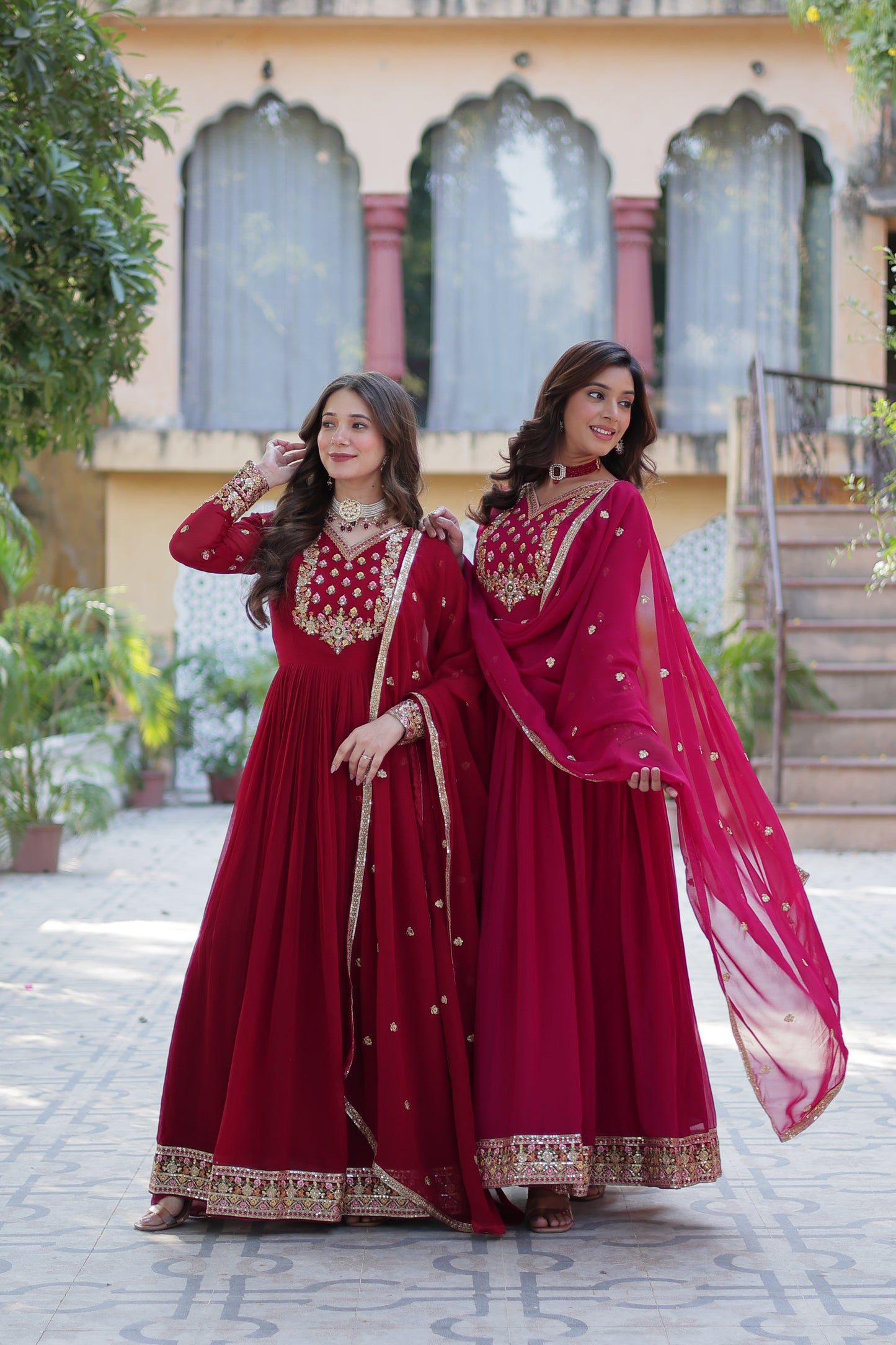 Maroon Sequins Embroidered Georgette Anarkali Gown with Dupatta