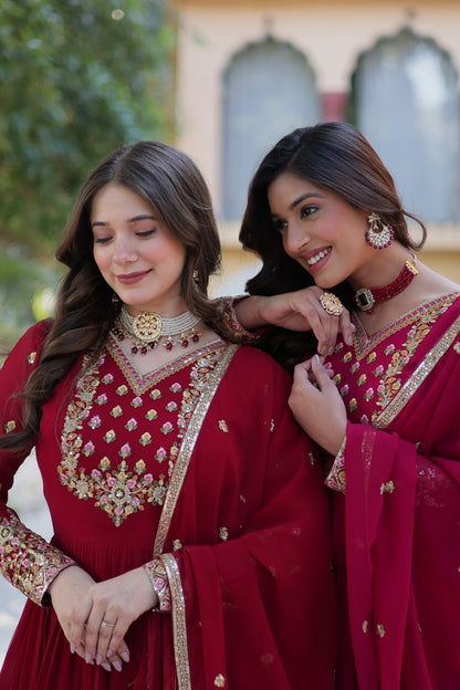 Maroon Sequins Embroidered Georgette Anarkali Gown with Dupatta