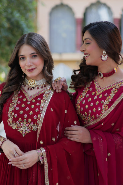 Maroon Sequins Embroidered Georgette Anarkali Gown with Dupatta