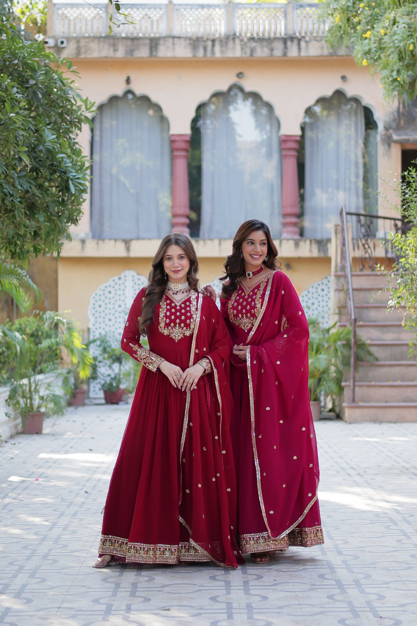 Maroon Sequins Embroidered Georgette Anarkali Gown with Dupatta