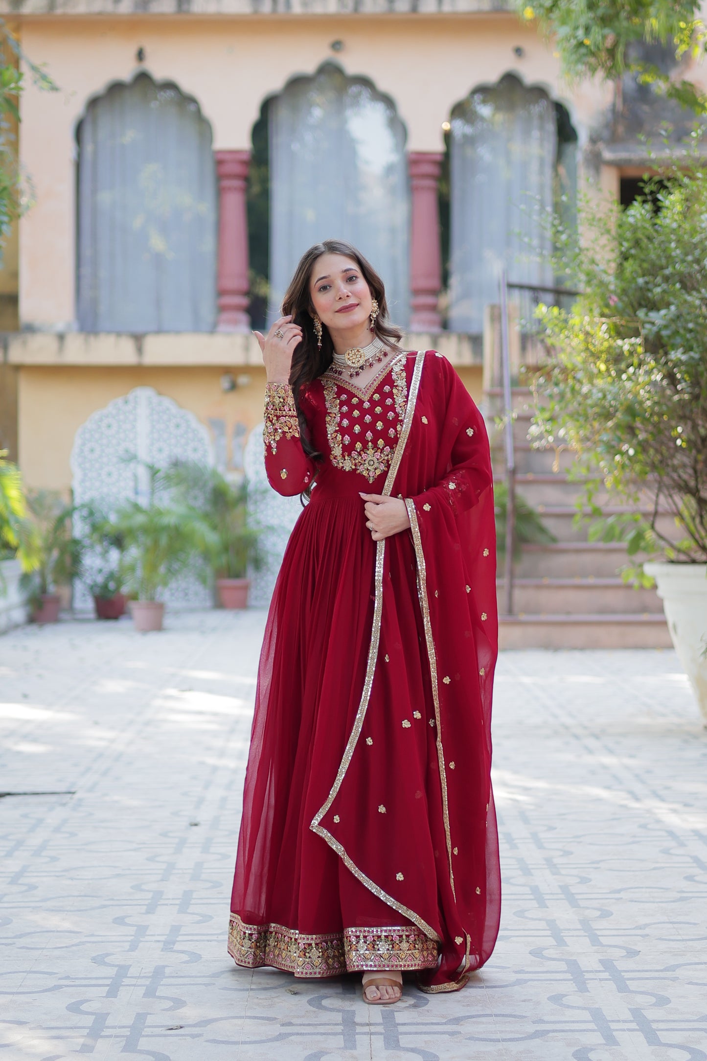 Maroon Sequins Embroidered Georgette Anarkali Gown with Dupatta