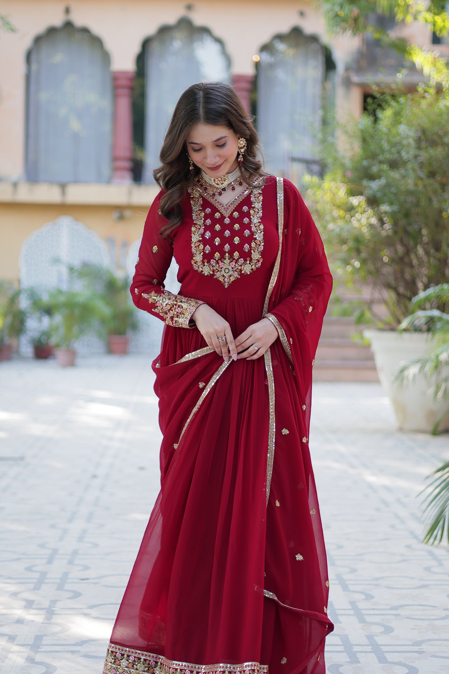 Maroon Sequins Embroidered Georgette Anarkali Gown with Dupatta
