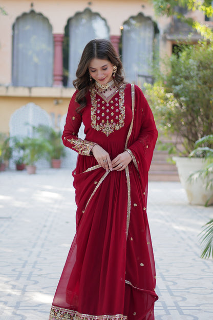 Maroon Sequins Embroidered Georgette Anarkali Gown with Dupatta