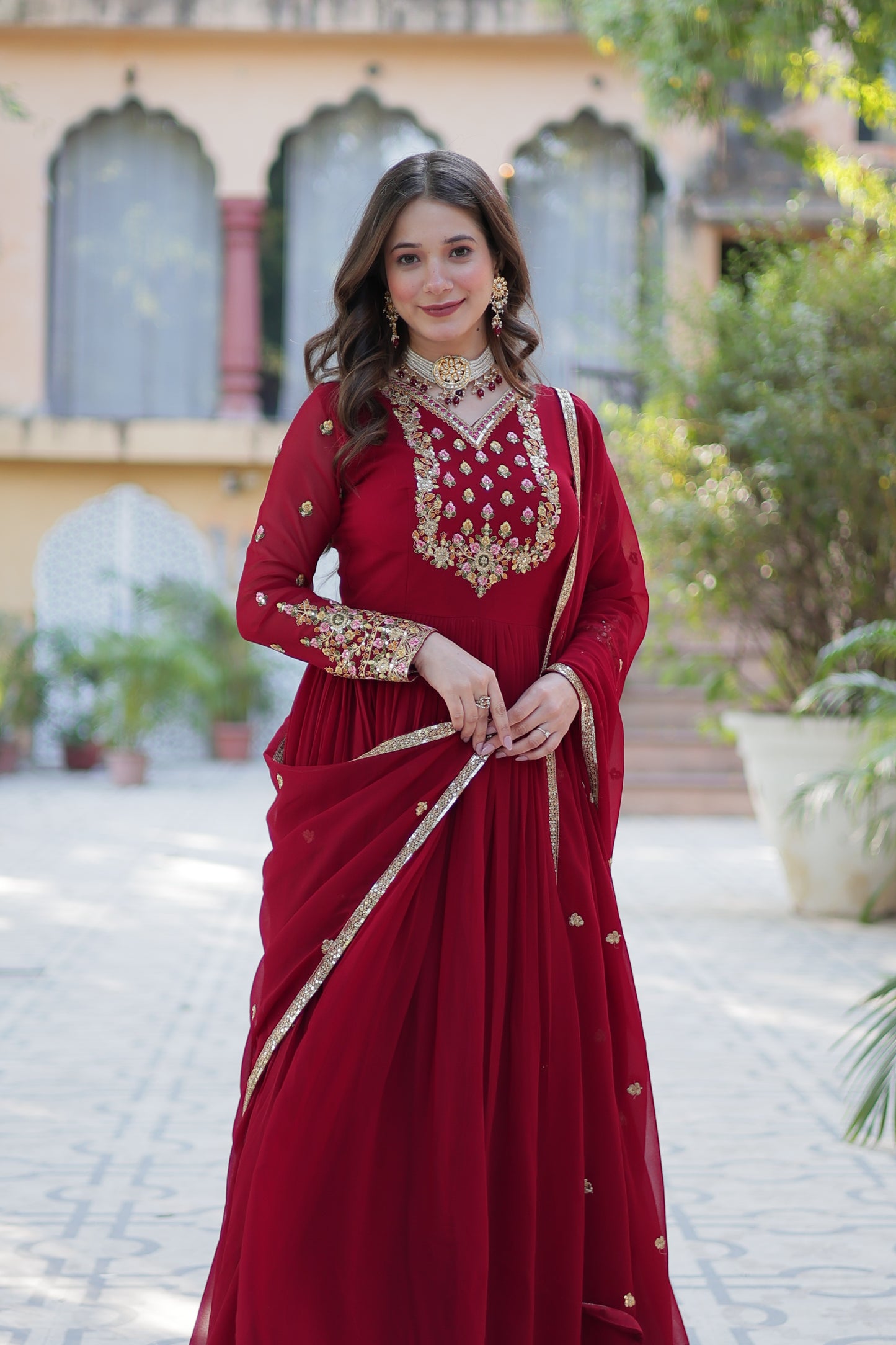 Maroon Sequins Embroidered Georgette Anarkali Gown with Dupatta