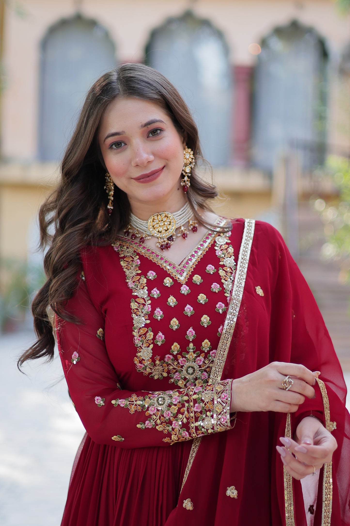 Maroon Sequins Embroidered Georgette Anarkali Gown with Dupatta