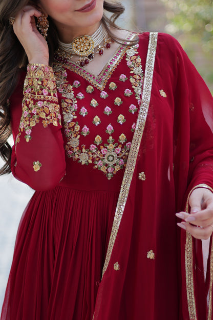 Maroon Sequins Embroidered Georgette Anarkali Gown with Dupatta