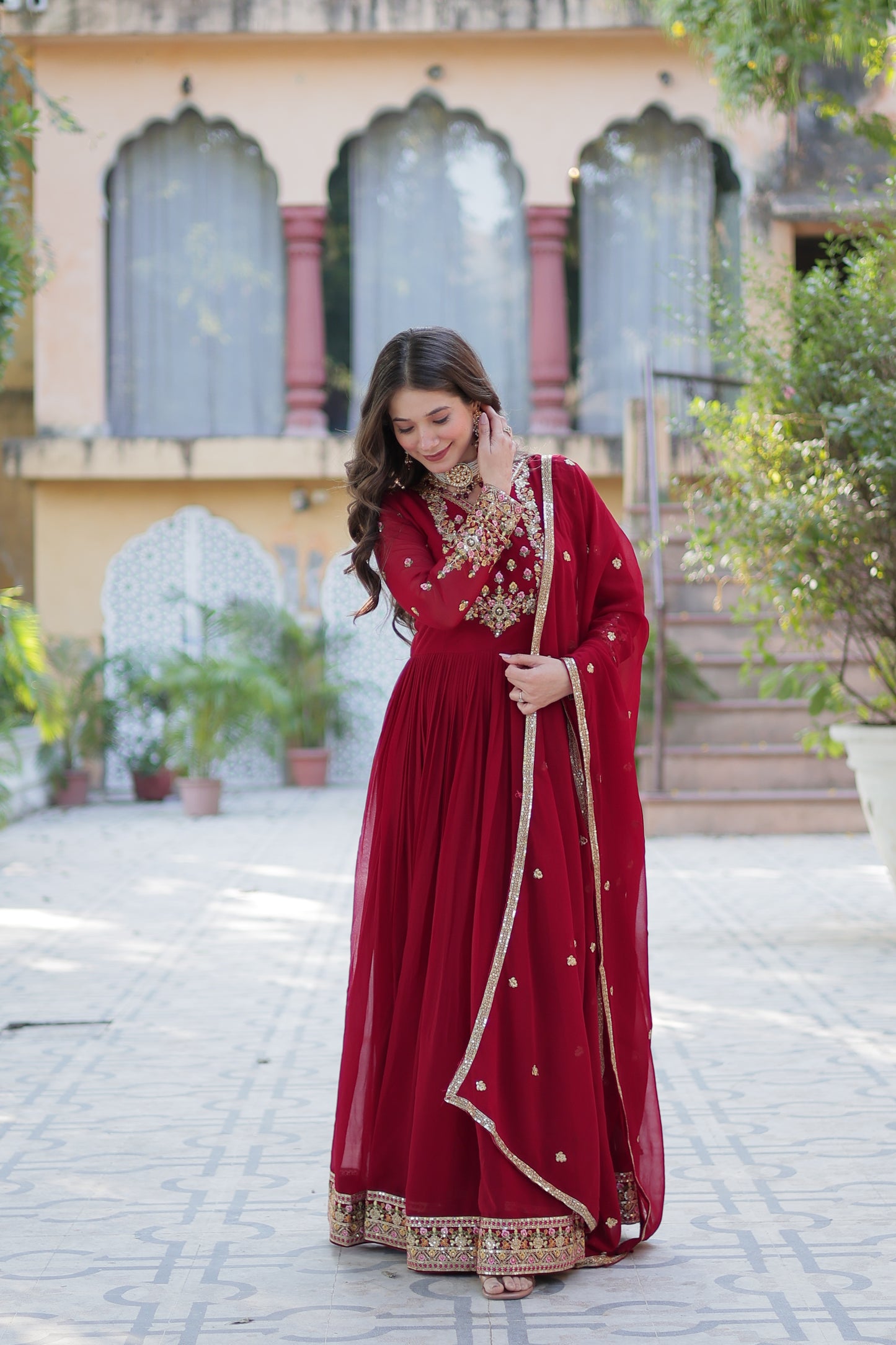 Maroon Sequins Embroidered Georgette Anarkali Gown with Dupatta