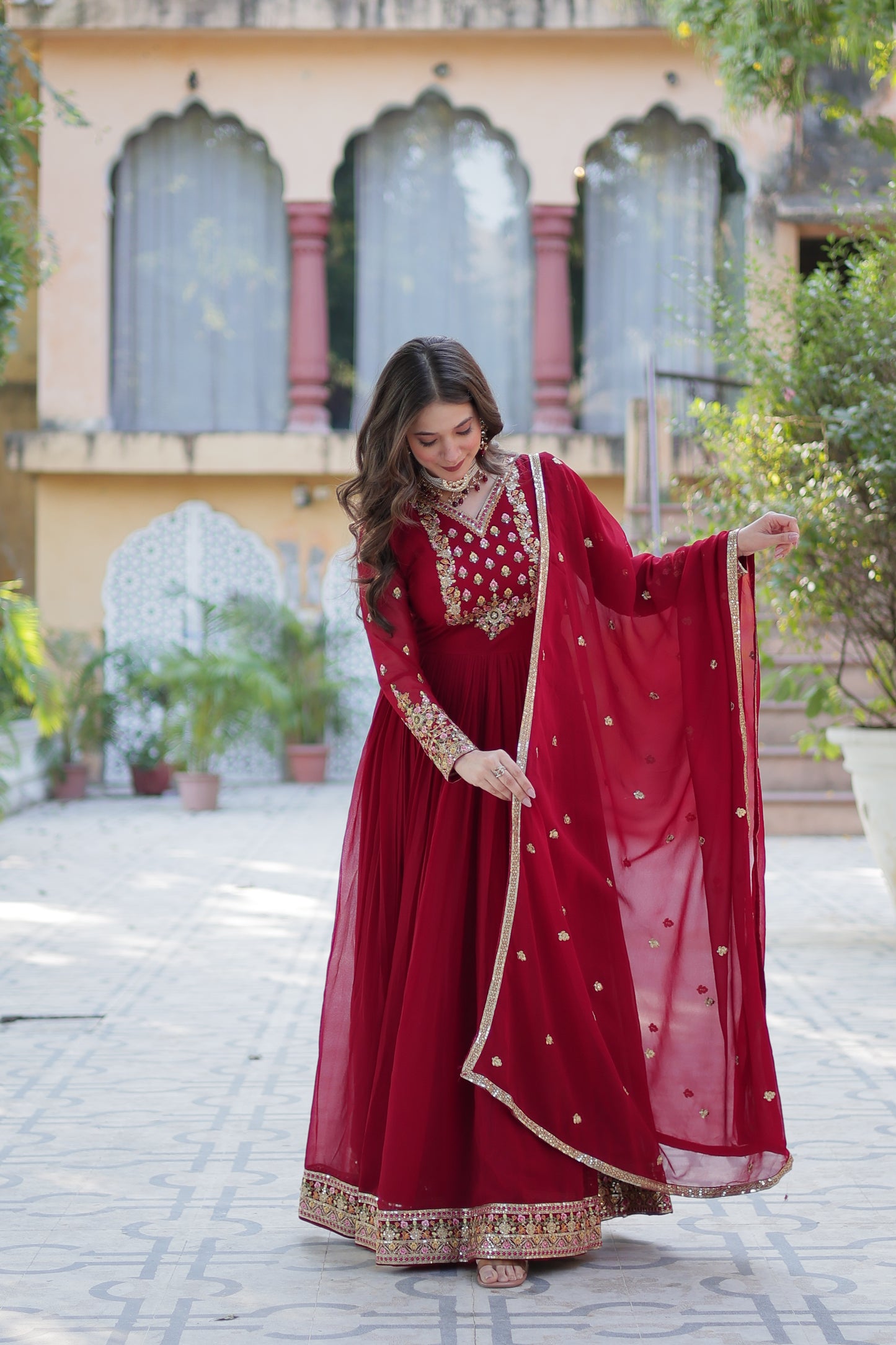 Maroon Sequins Embroidered Georgette Anarkali Gown with Dupatta