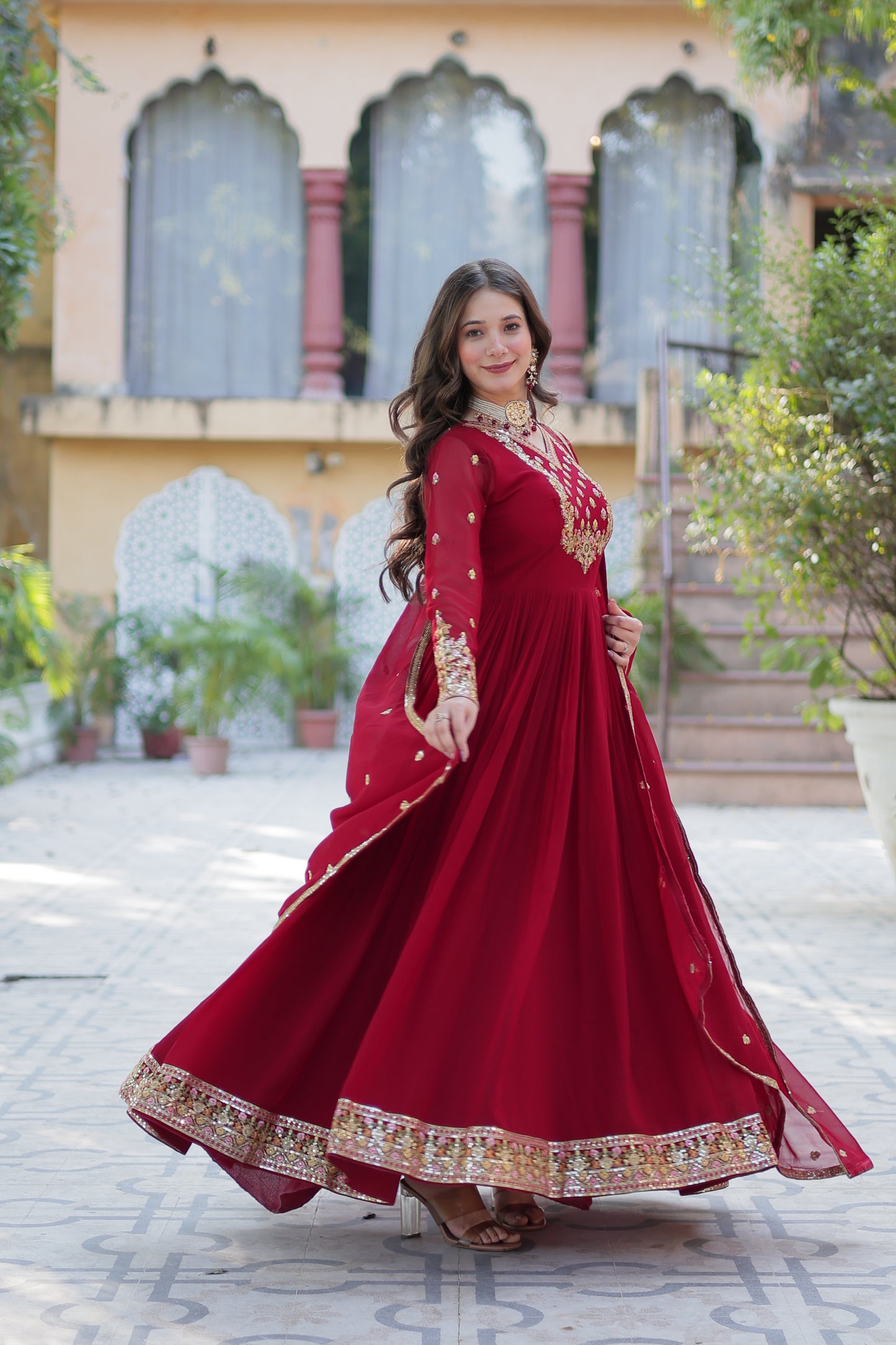 Maroon Sequins Embroidered Georgette Anarkali Gown with Dupatta