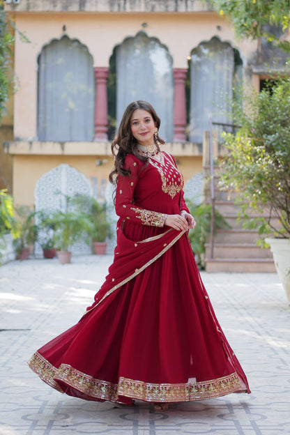 Maroon Sequins Embroidered Georgette Anarkali Gown with Dupatta