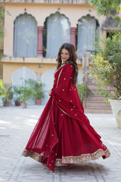 Maroon Sequins Embroidered Georgette Anarkali Gown with Dupatta