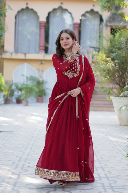 Maroon Sequins Embroidered Georgette Anarkali Gown with Dupatta