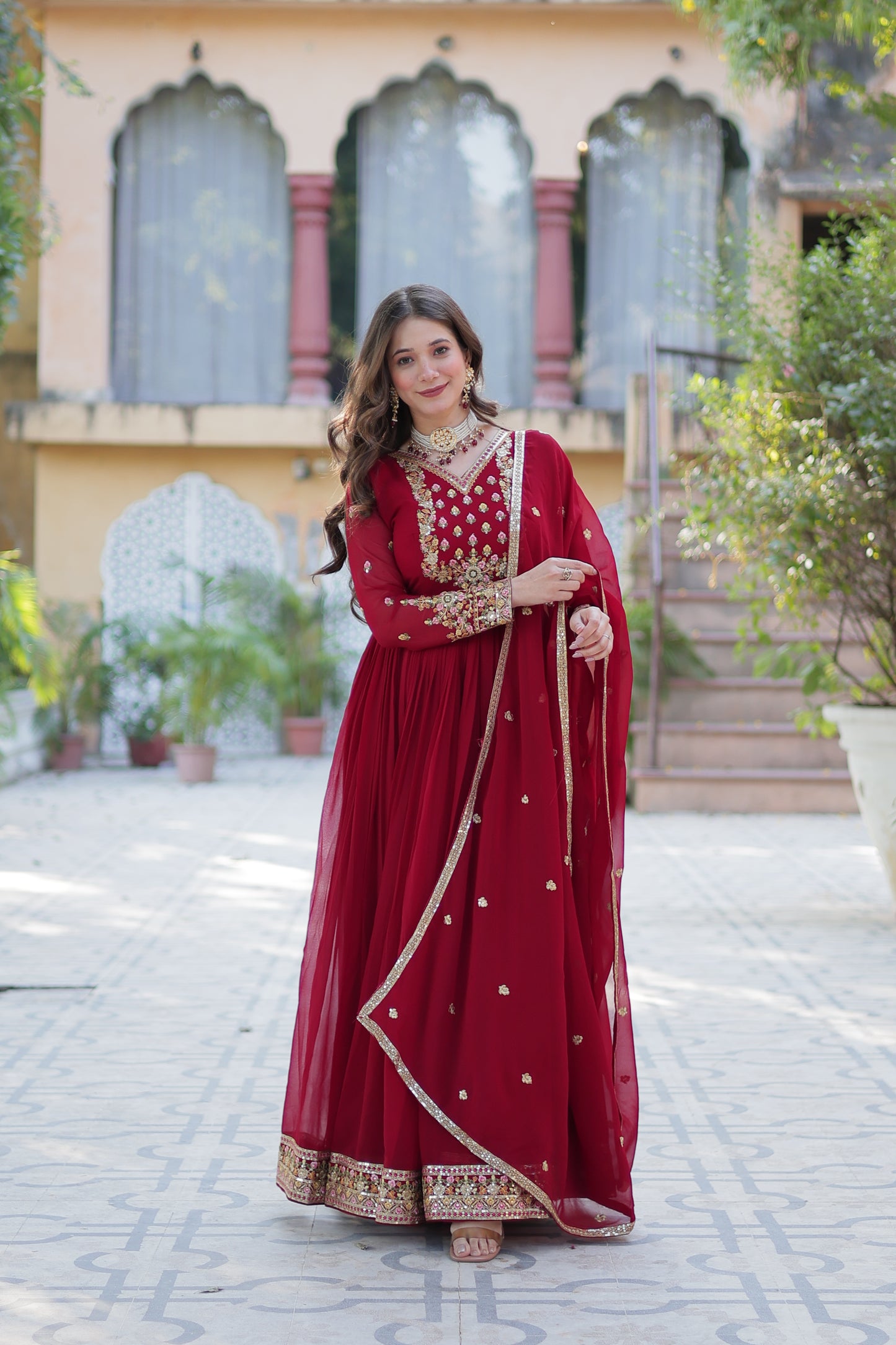 Maroon Sequins Embroidered Georgette Anarkali Gown with Dupatta