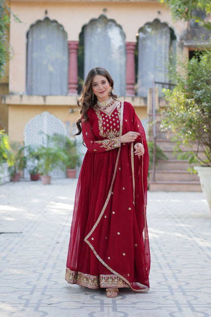 Maroon Sequins Embroidered Georgette Anarkali Gown with Dupatta