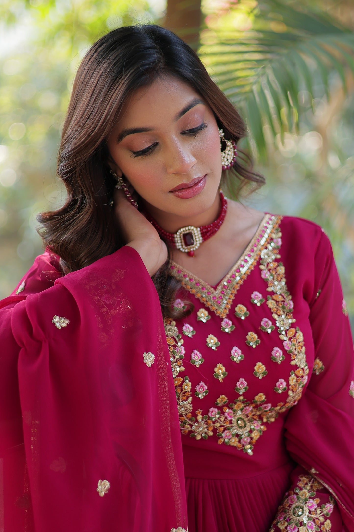 Maroon Sequins Embroidered Georgette Anarkali Gown with Dupatta