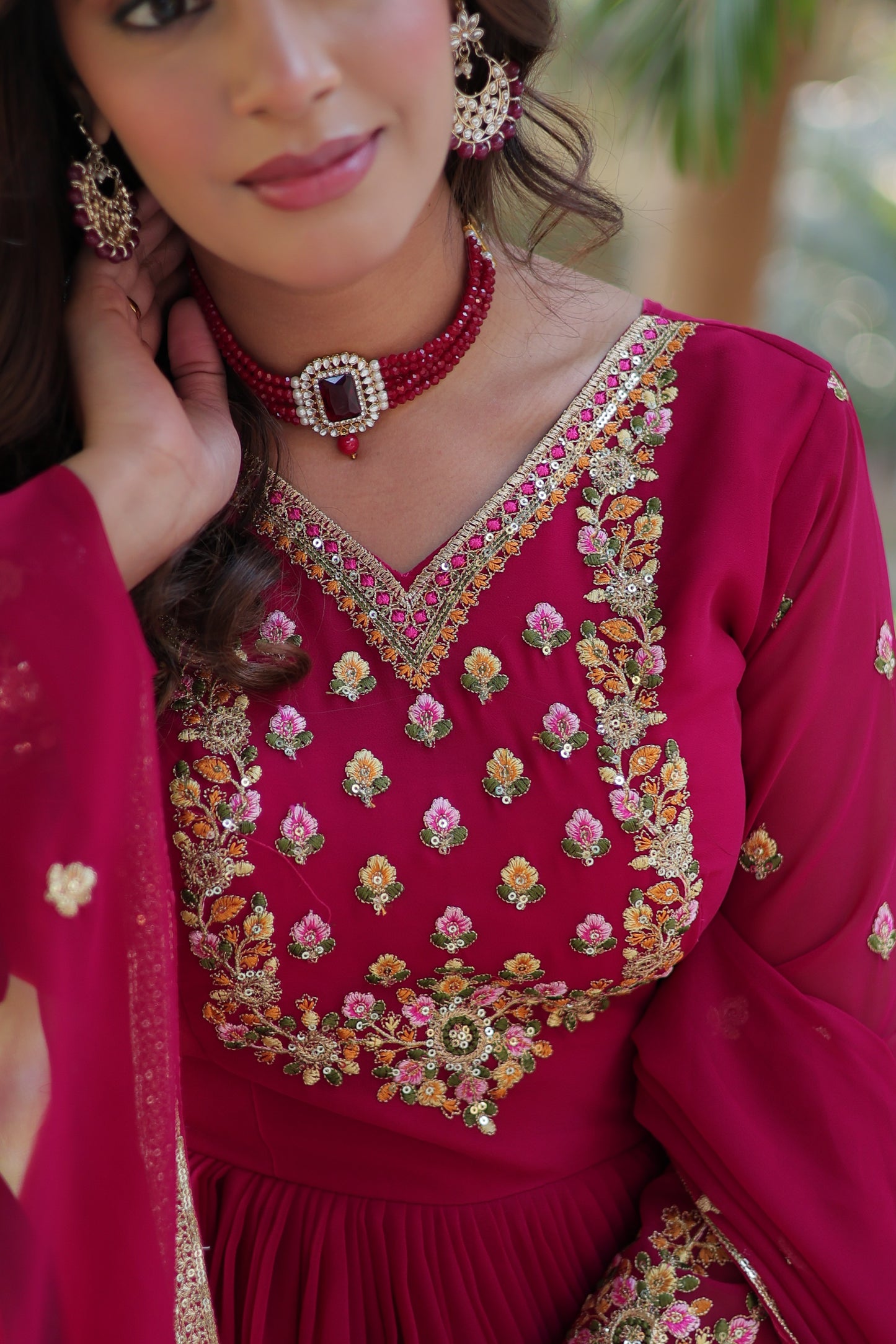 Maroon Sequins Embroidered Georgette Anarkali Gown with Dupatta