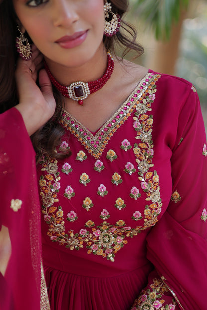 Maroon Sequins Embroidered Georgette Anarkali Gown with Dupatta
