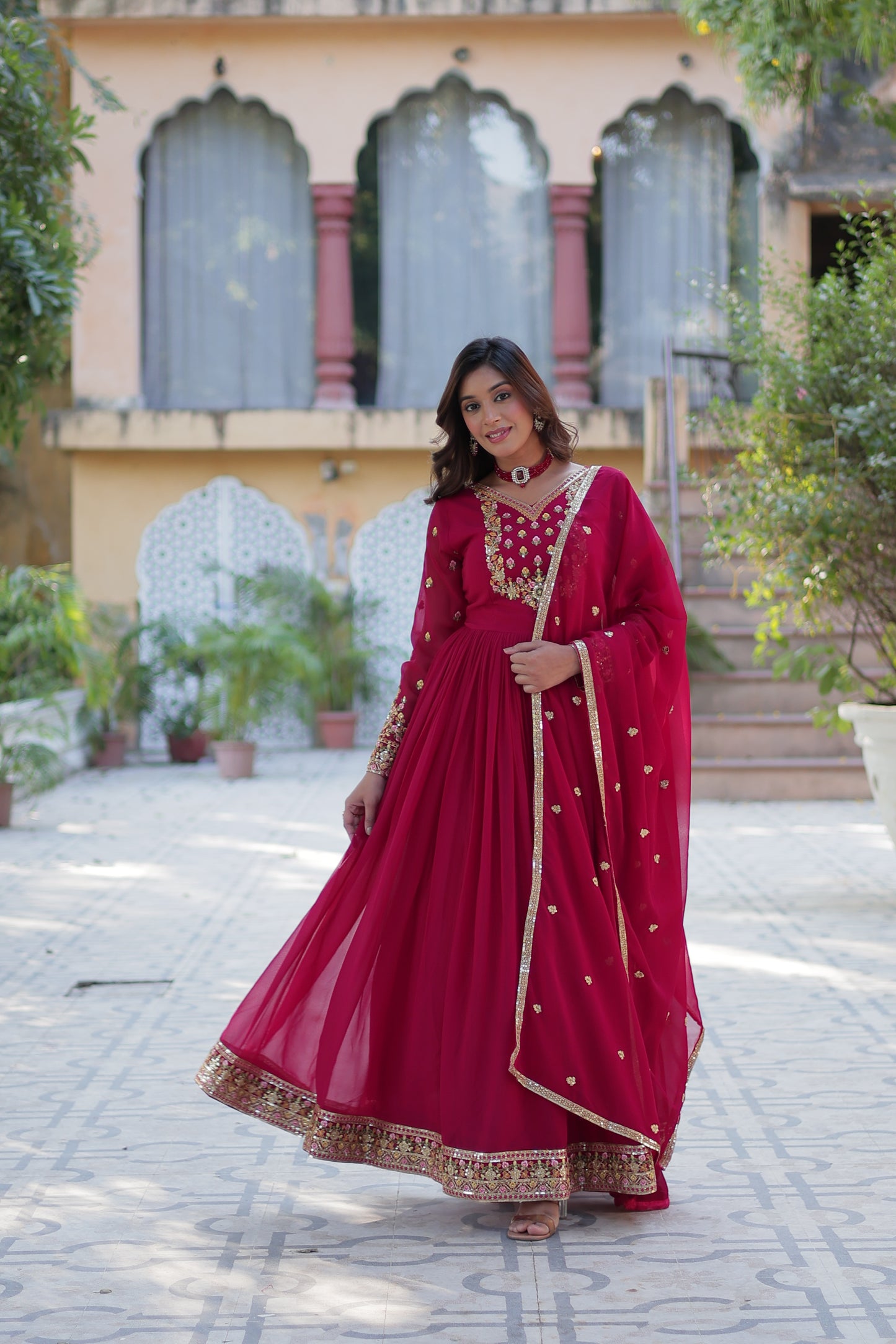 Maroon Sequins Embroidered Georgette Anarkali Gown with Dupatta