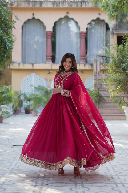 Maroon Sequins Embroidered Georgette Anarkali Gown with Dupatta