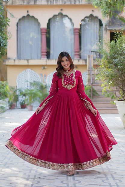 Maroon Sequins Embroidered Georgette Anarkali Gown with Dupatta