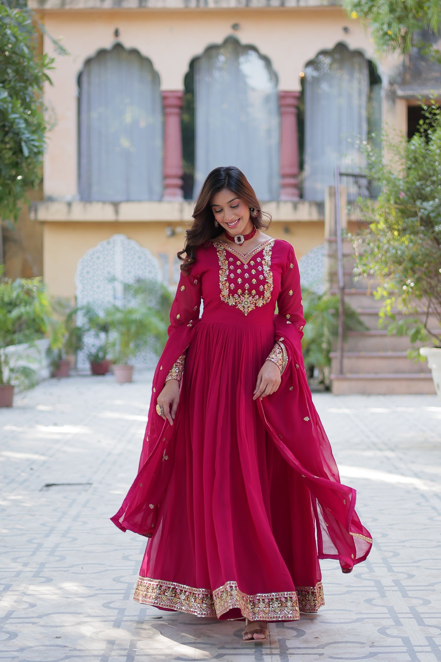 Maroon Sequins Embroidered Georgette Anarkali Gown with Dupatta