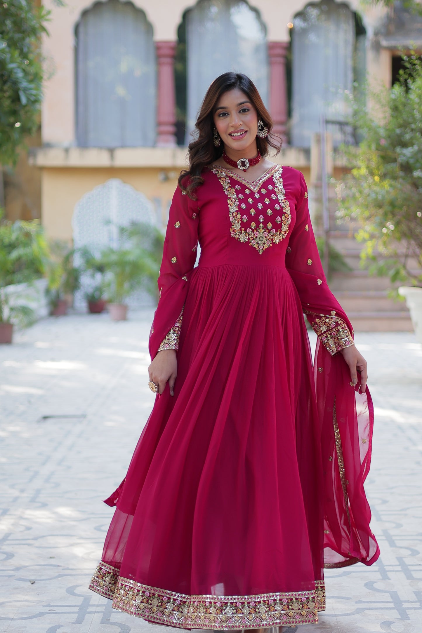 Maroon Sequins Embroidered Georgette Anarkali Gown with Dupatta