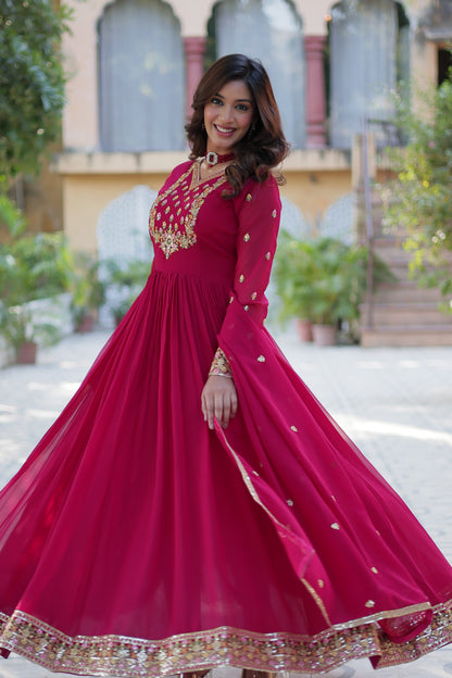 Maroon Sequins Embroidered Georgette Anarkali Gown with Dupatta