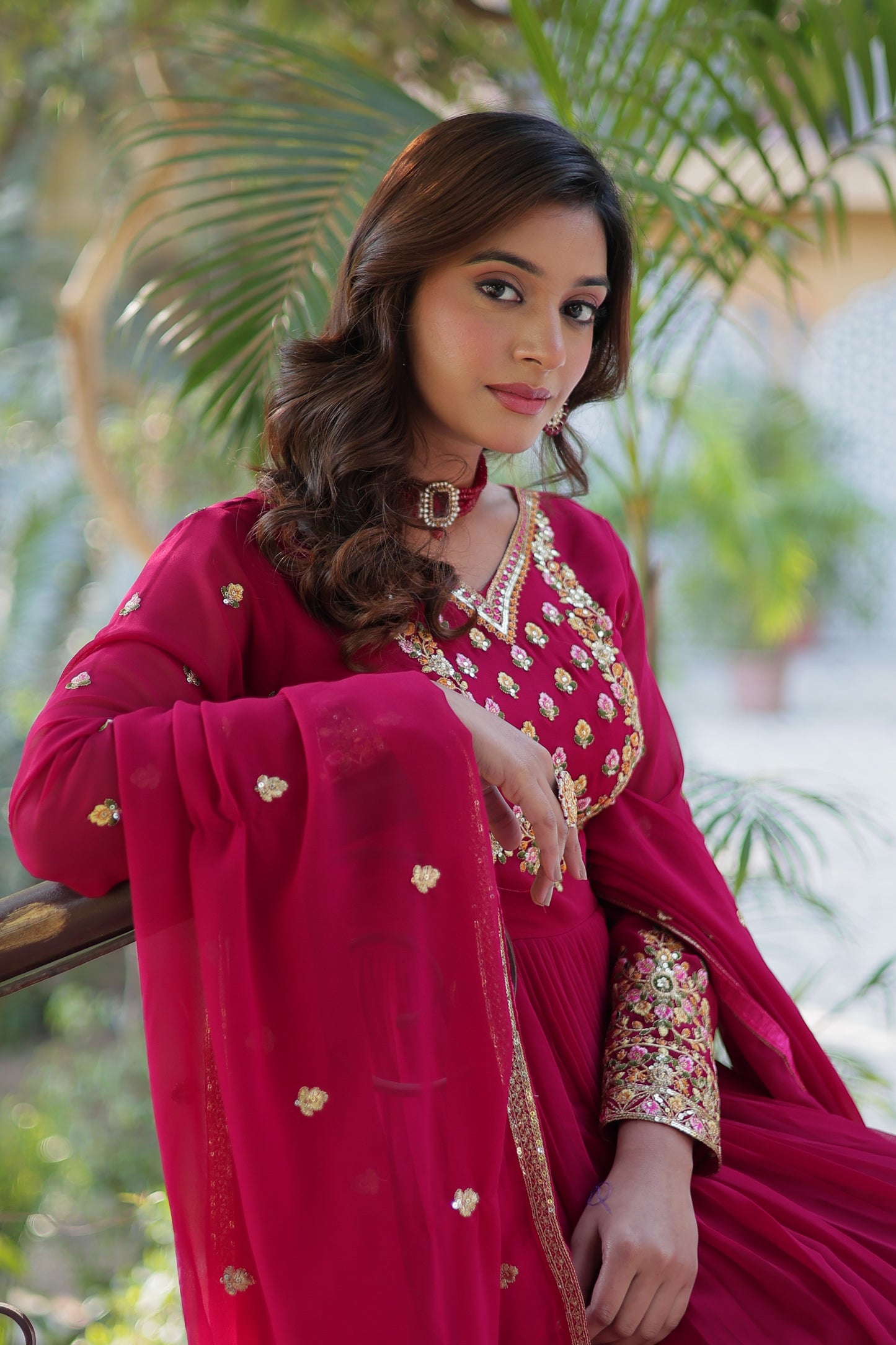 Maroon Sequins Embroidered Georgette Anarkali Gown with Dupatta