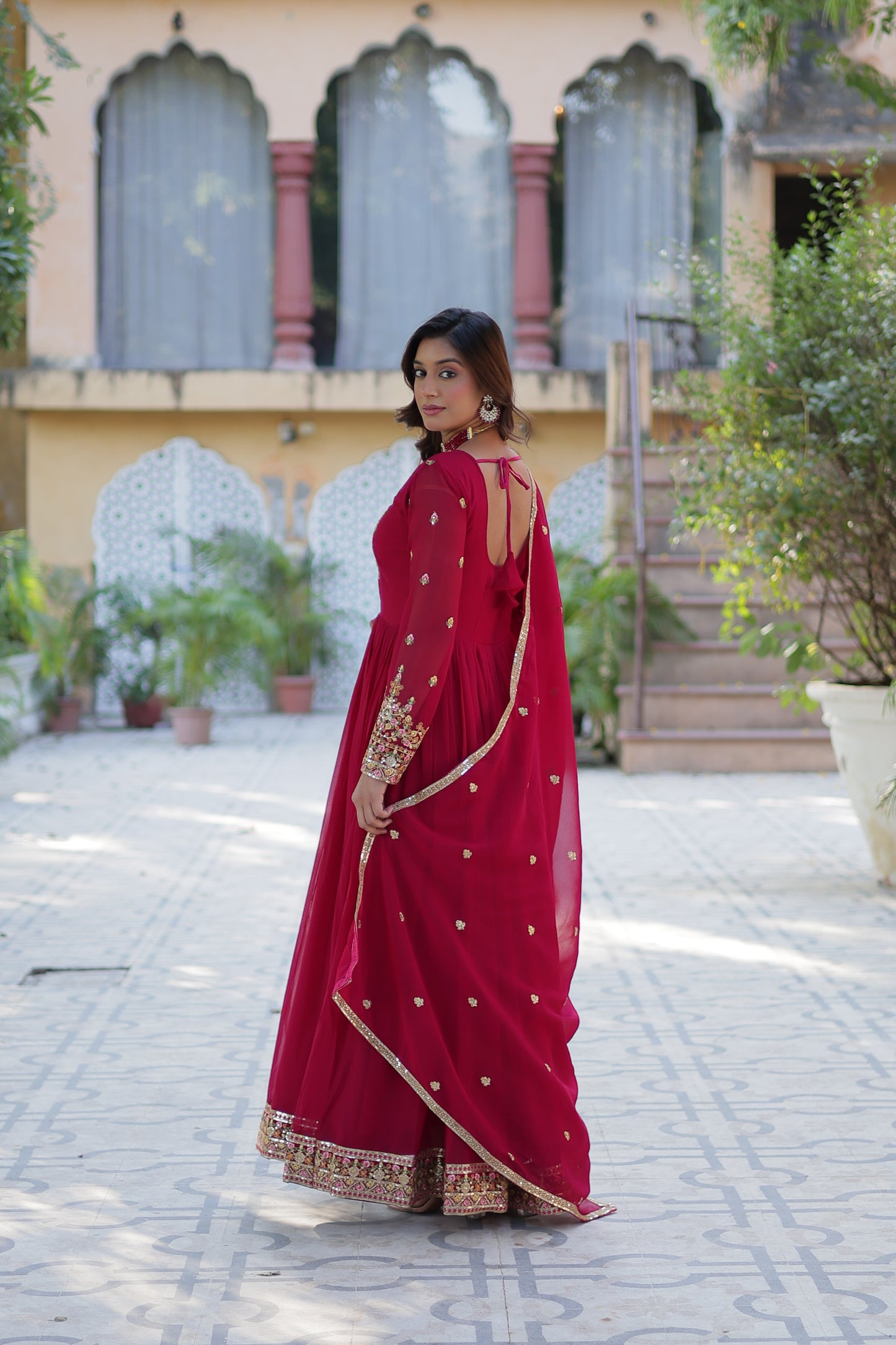 Maroon Sequins Embroidered Georgette Anarkali Gown with Dupatta