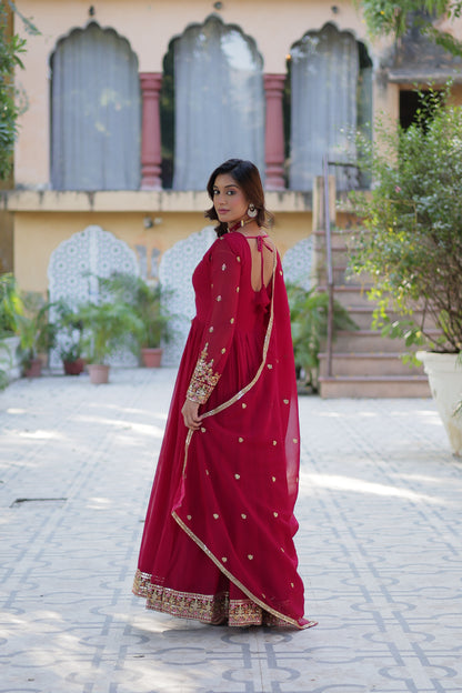 Maroon Sequins Embroidered Georgette Anarkali Gown with Dupatta