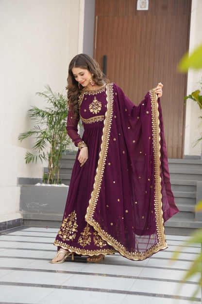 Luxury Faux Georgette Anarkali Gown with Zari & Sequins Dupatta