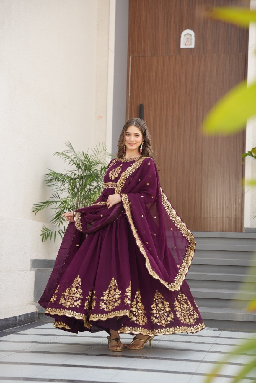Luxury Faux Georgette Anarkali Gown with Zari & Sequins Dupatta