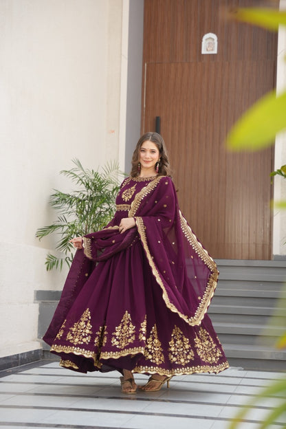 Luxury Faux Georgette Anarkali Gown with Zari & Sequins Dupatta