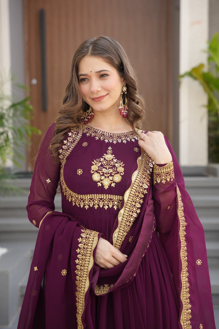 Luxury Faux Georgette Anarkali Gown with Zari & Sequins Dupatta