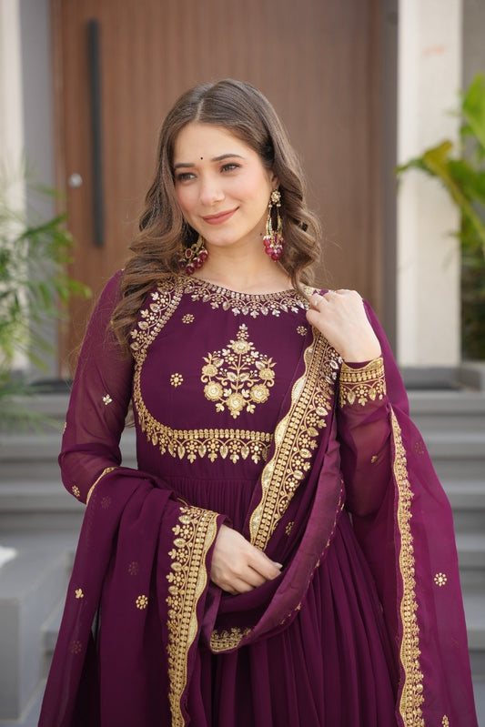 Luxury Faux Georgette Anarkali Gown with Zari & Sequins Dupatta