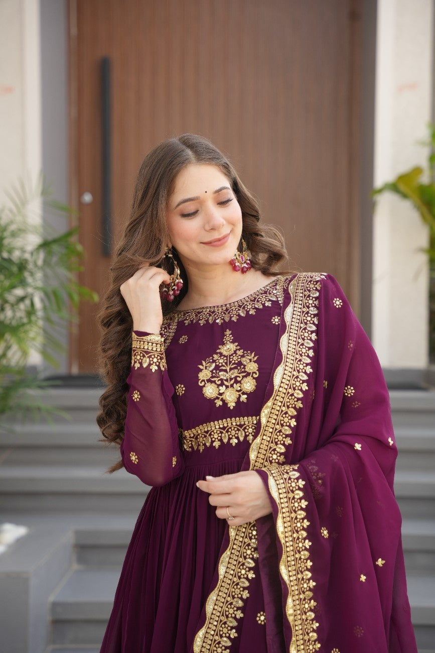 Luxury Faux Georgette Anarkali Gown with Zari & Sequins Dupatta