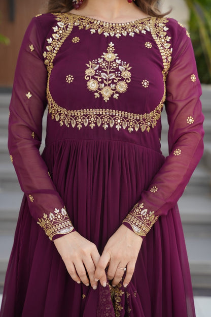 Luxury Faux Georgette Anarkali Gown with Zari & Sequins Dupatta