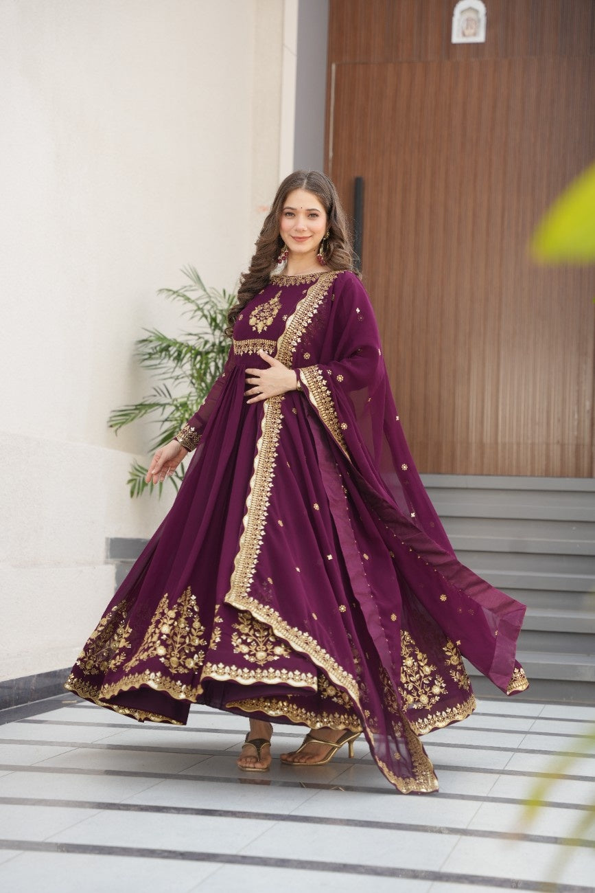 Luxury Faux Georgette Anarkali Gown with Zari & Sequins Dupatta