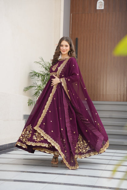 Luxury Faux Georgette Anarkali Gown with Zari & Sequins Dupatta